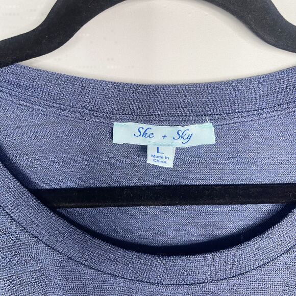 New She + Sky Large L Blue Brown Orange Twist Front Color Block Striped Shirt - Picture 6 of 8